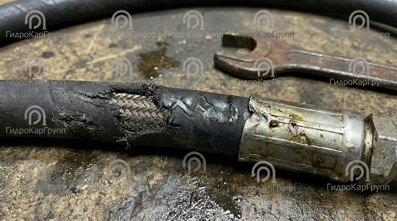 Внешний слой РВД, истертый до металлической оплетки — явный признак критического механического износа из-за трения о другие поверхности