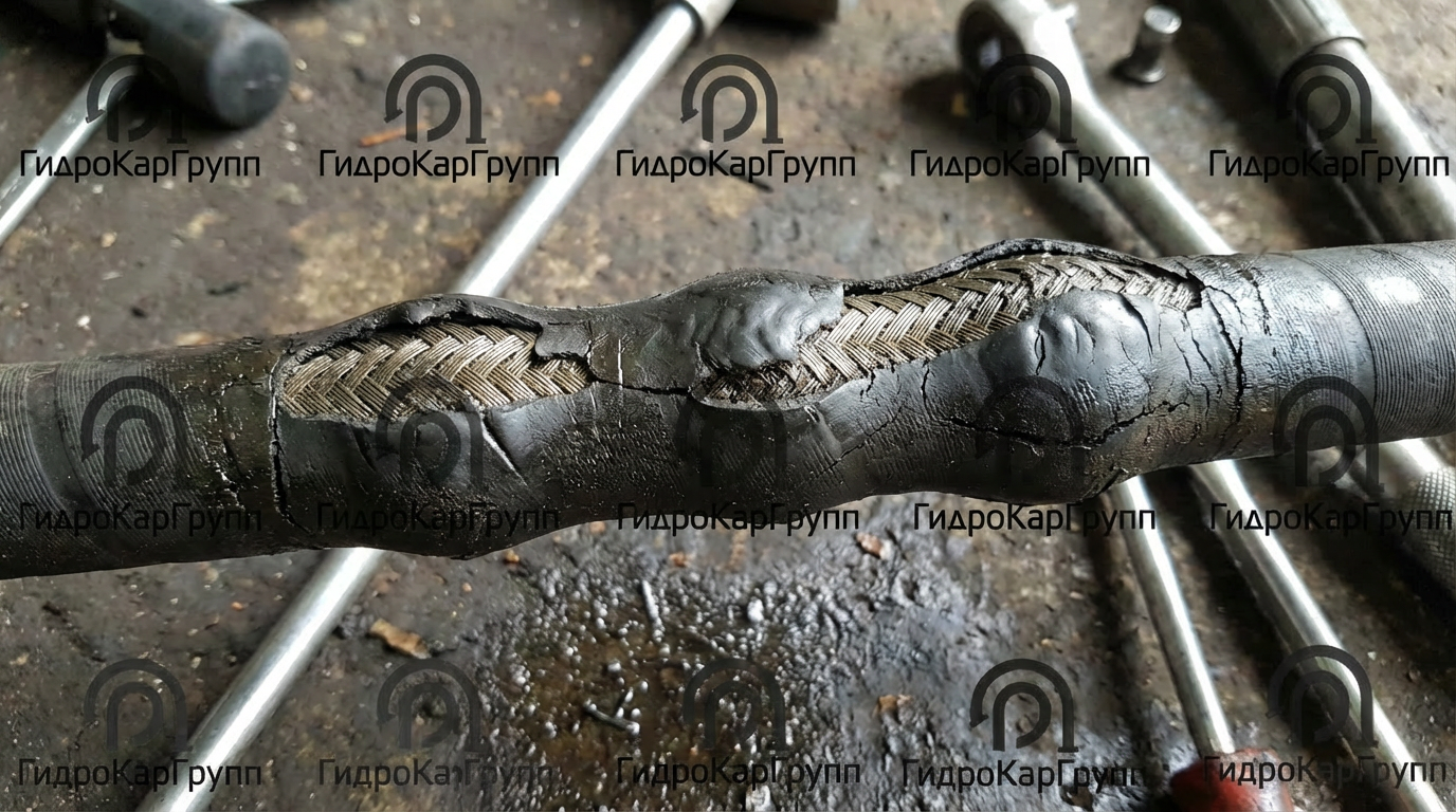 Локальное вздутие ('грыжа') на РВД как следствие повреждения внутреннего слоя, сигнализирующее о высоком риске внезапного разрыва магистрали